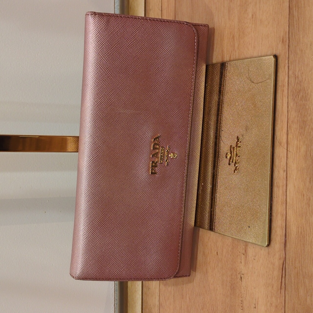 Prada Saffiano Metallic Leather Continental Rose gold Pink Double Snap Wallet - Picture 1 of 17